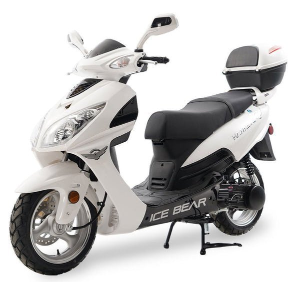 Hawkeye 150cc Street Scooter, Automatic, Front Disc Brake, 13 inch Aluminum Wheels, Trunk Included – Metallic White