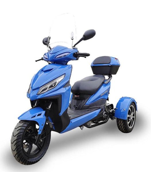 Mojo 50cc Street Trike, Automatic, Disc Brakes, Aluminum Wheels, Trunk and Windshield Included – Metallic Blue