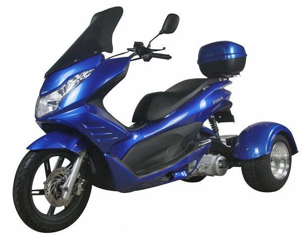 Q6 150cc Trike, Automatic Shifting, Full Wind Screen, Locking Trunk – Blue