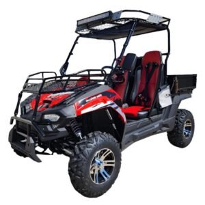 Alternative view of TrailMaster Challenger 200EUX UTV Side-by-Side, Front Cargo Rack, Rear Dump Bed, Deluxe Alloy Wheels, LED Light Bar – Red