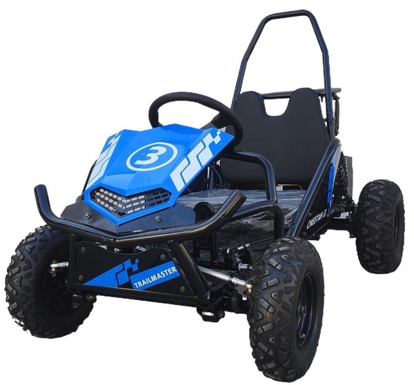 TrailMaster Cheetah 3 Kids Mini Go Kart, 80cc gas engine, seat belt, Kids Ages 4-9 – Blue