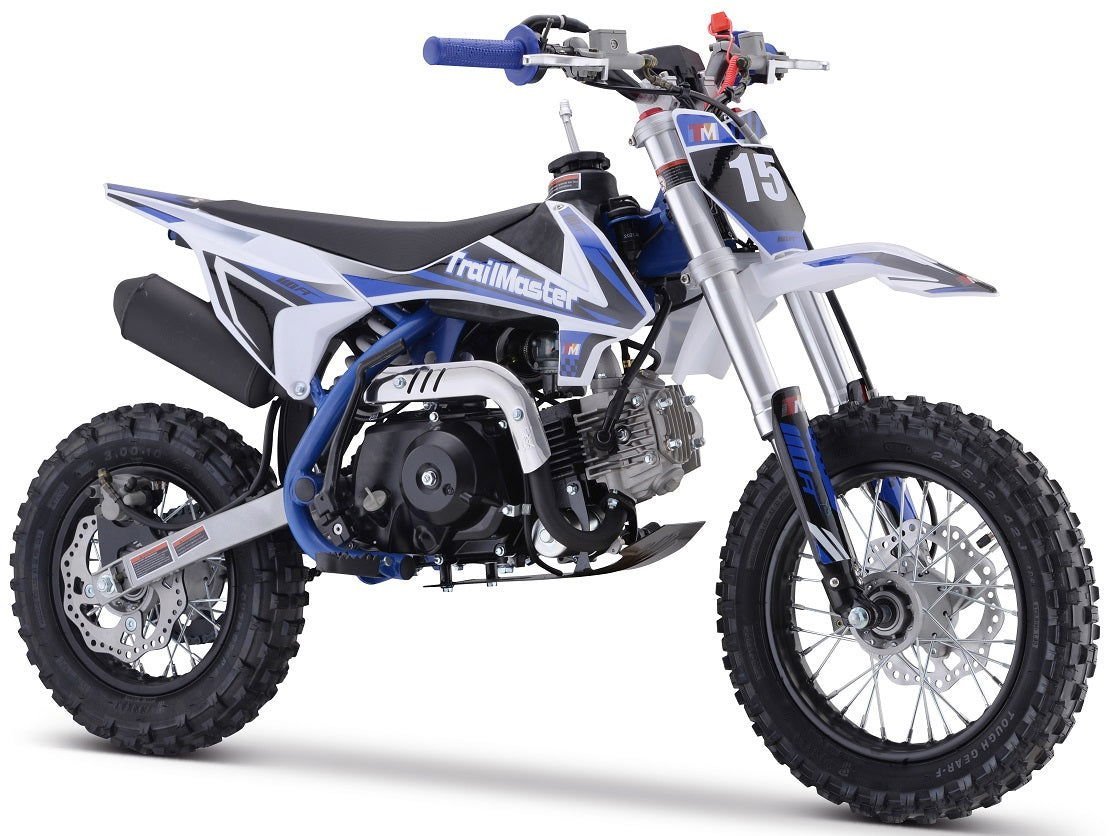 TrailMaster TM15 110cc Dirt Bike, 4-Speed Semi-Auto, Electric Start w/Kick backup, Dual Disc Brakes (12/10) Ages 8-12 – Blue - Image 2