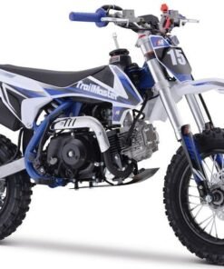 TrailMaster TM15 110cc Dirt Bike, 4-Speed Semi-Auto, Electric Start w/Kick backup, Dual Disc Brakes (12/10) Ages 8-12 – Blue