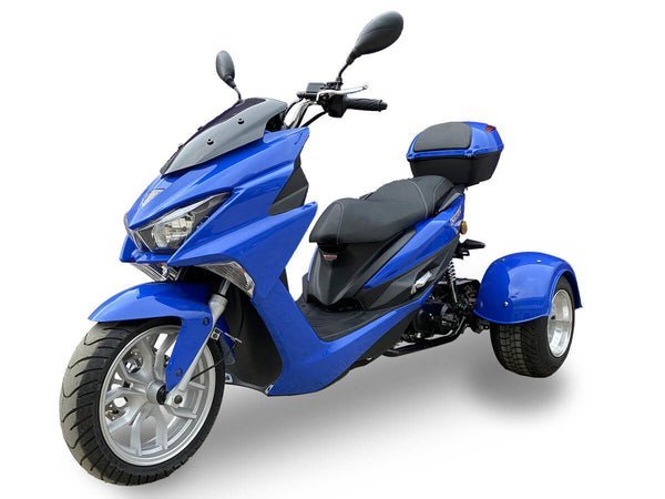 Trifecta 150cc Street Trike, Automatic, Disc Brakes, Aluminum Wheels, Trunk and Windshield Included – Metallic Blue