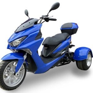 Trifecta 50cc Street Trike, Automatic, Disc Brakes, Aluminum Wheels, Trunk and Windshield Included – Metallic Blue